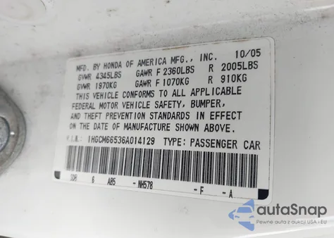 2006 Honda Accord Sdn Ex-L V6 z USA, uszkodzony, nr VIN 1HGCM66536A014129